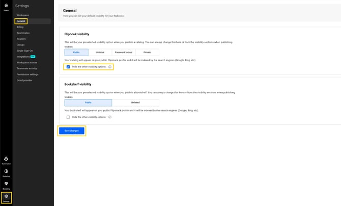 Screenshot of Flipsnack's Settings showing visibility controls for flipbooks. The interface displays options to manage default visibility settings, including a 'Hide the other visibility options' checkbox and a blue 'Save changes' button.