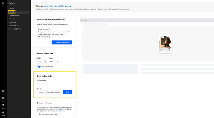 Embed settings interface showing customization options for an interactive product catalog, including embed size controls, appearance settings, and embed code generation.