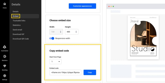 copy embed code option in flipsnack