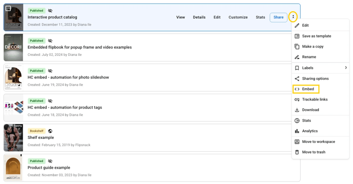 Image showing how to get embed code for flipbooks, with steps accessing the embed option by clicking the three vertical dots out to the far right of your flipbook