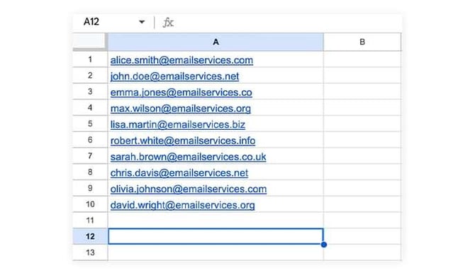 spreadsheet with email addresses