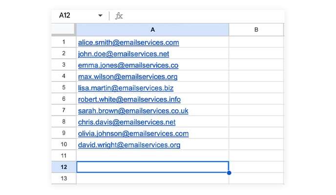 spreadsheet with email addresses