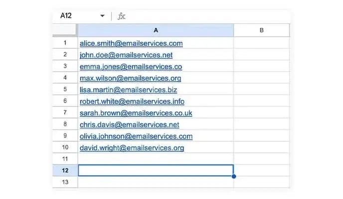 spreadsheet with email addresses