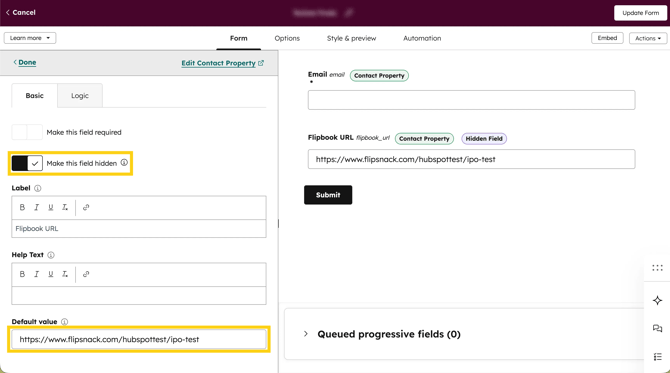 Add flipbook url as custom hidden fields-mh