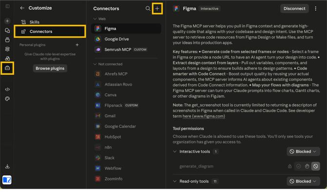 Claude Connectors settings with the Add connection button