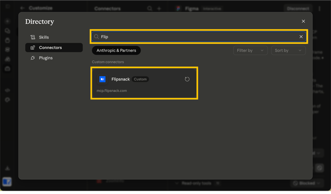 Searching for Flipsnack in Claude's connector directory