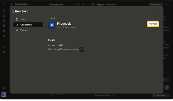 The Flipsnack connector page in Claude with the Connect button