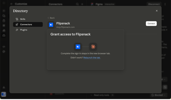 Flipsnack sign-in page opened from Claude