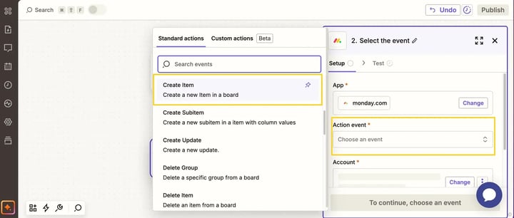 Click on Action event. Afer that, choose Create item.