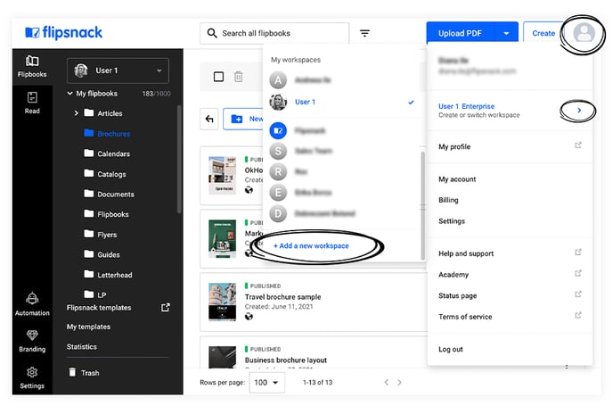 Creating a new workspace in Flipsnack