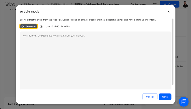 Click Generate in the Article mode dialog