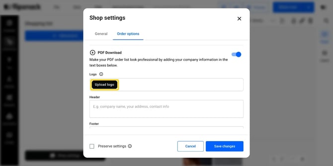 The PDF Download options once enabled: upload logo, Header and Footer fields.
