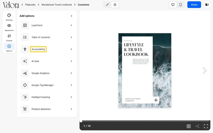 The Add-ons panel in the Flipsnack Customize page with the Accessibility option highlighted