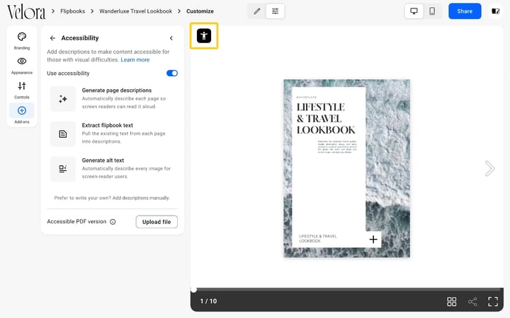 The flipbook preview in Flipsnack with the accessibility icon highlighted in the top left corner of the player