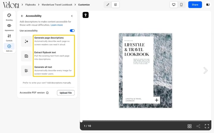 The Accessibility panel in Flipsnack with the Generate page descriptions, Extract flipbook text and Generate alt text options highlighted
