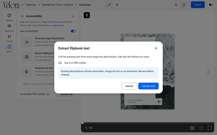 The Extract flipbook text window in Flipsnack showing the credit cost and the warning that existing descriptions will be overwritten