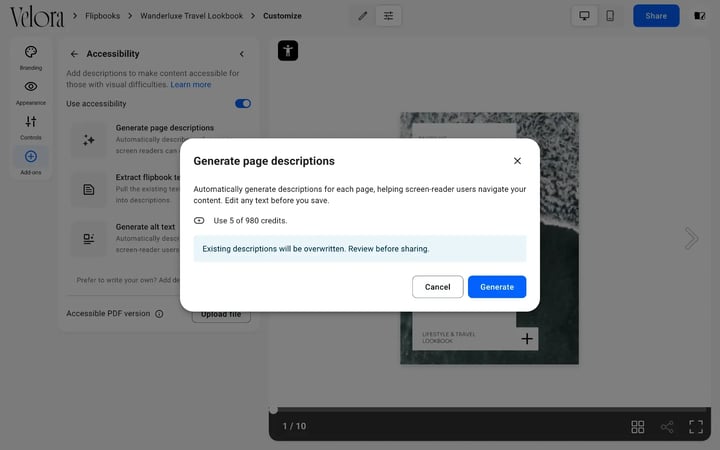 The Generate page descriptions window in Flipsnack showing the credit cost and the warning that existing descriptions will be overwritten