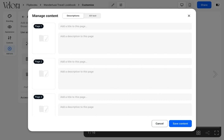 The Manage content window in Flipsnack with the Descriptions and Alt text tabs and a title and description field for each page