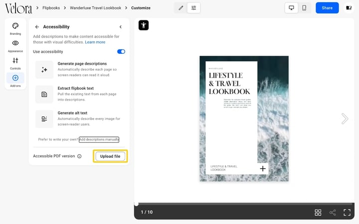 The Accessibility panel in Flipsnack with the Upload file button highlighted next to Accessible PDF version