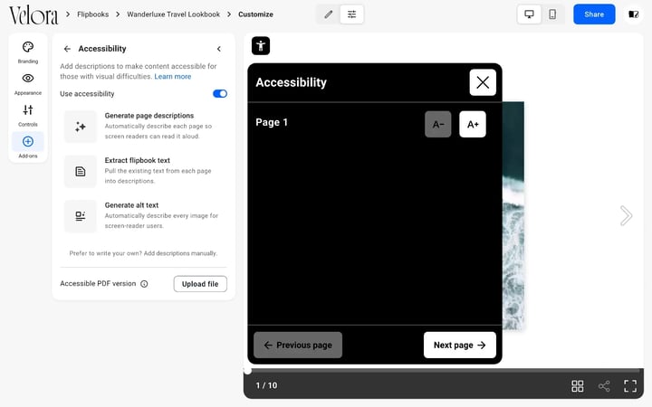 The Accessibility panel in the Flipsnack player showing the text of page 1 with A- and A+ buttons and Previous page and Next page buttons