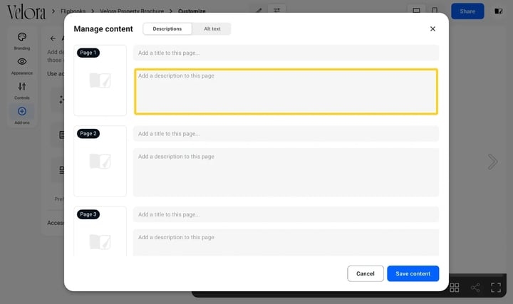The Descriptions tab of the Manage content dialog, with a title and a description field for each page