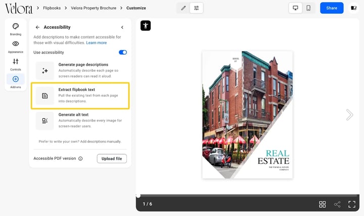 The Extract flipbook text option under the Accessibility add-on