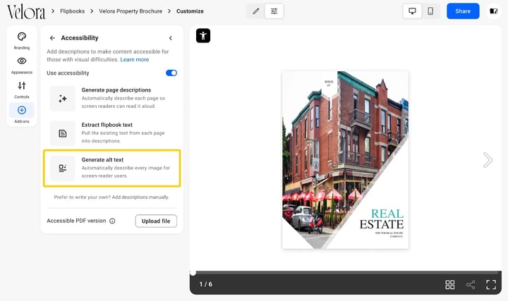 The Generate alt text option under the Accessibility add-on