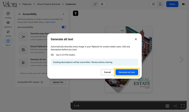 The Generate alt text confirmation dialog, with the credit cost, the overwrite warning and the Generate alt text button highlighted