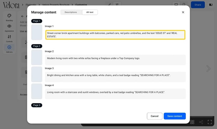 The Alt text tab of the Manage content dialog, with a generated description for each image
