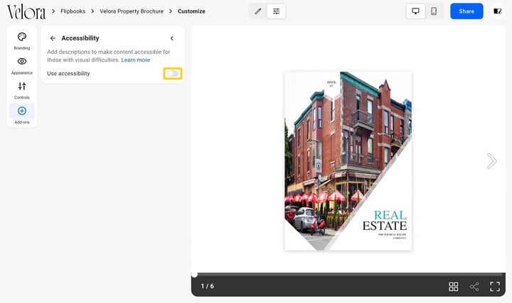 The Accessibility add-on on the Customize page, with the Use accessibility switch highlighted