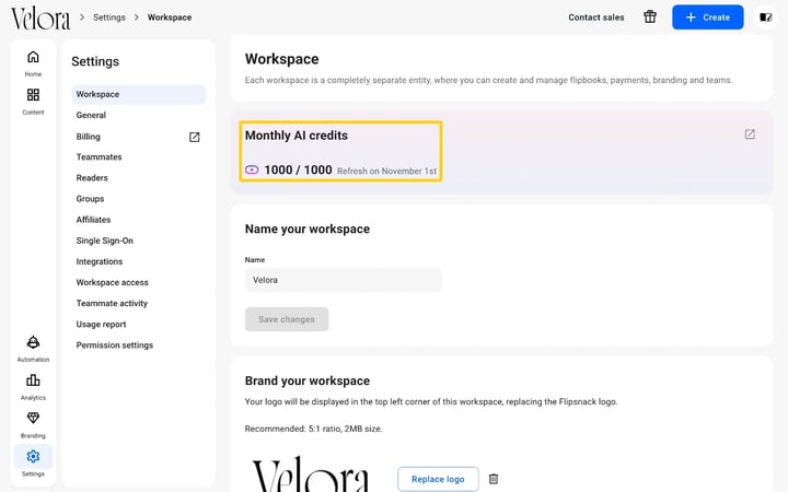 Settings, Workspace page in Flipsnack with the Monthly AI credits counter highlighted, showing 1000 of 1000 credits and the refresh date