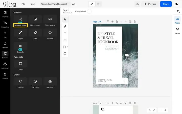 The Elements panel in the Design Studio with Generate image highlighted at the top of the Graphics section