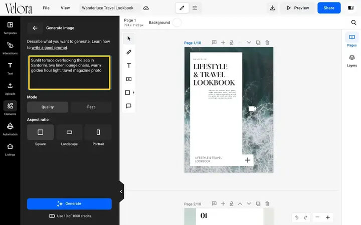 The Generate image panel with a prompt describing a sunlit terrace in Santorini typed into the text box
