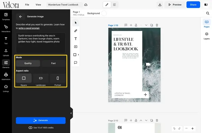 The Mode options Quality and Fast and the Aspect ratio options Square, Landscape and Portrait highlighted in the Generate image panel