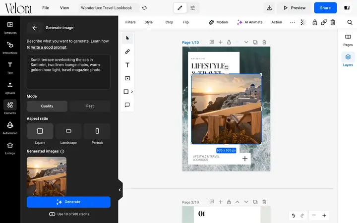 A generated photo of a sunlit terrace in Santorini placed on the cover of a travel lookbook in the Design Studio, with the Generate image panel open on the left