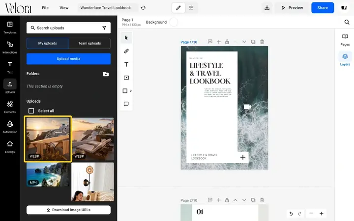 The Uploads panel in the Design Studio with the generated Santorini image highlighted at the top of the uploads list