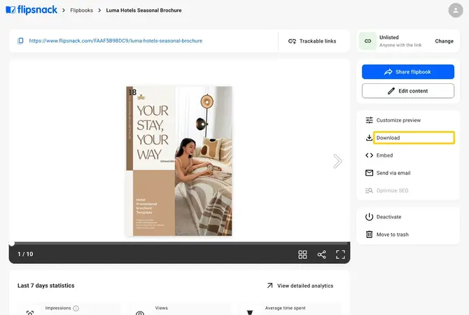 The flipbook Overview page with the Download option highlighted in the right panel