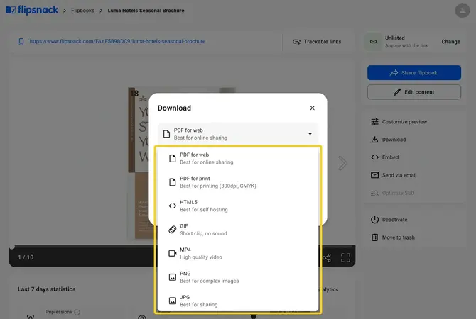 The Download window with the format list open: PDF for web, PDF for print, HTML5, GIF, MP4, PNG and JPG