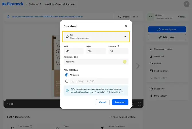 The Download window with GIF selected, showing width, height, background color and page selection