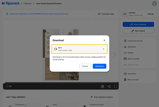 The Download window with MP4 selected and the teaser trailer description