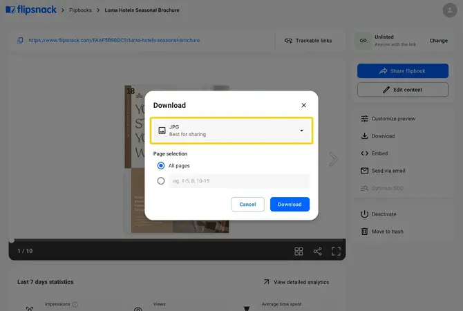 The Download window with JPG selected and its page selection options