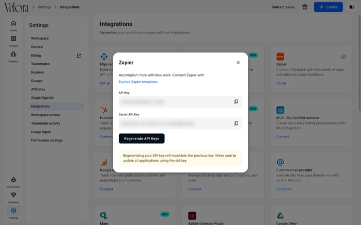 Zapier Set up dialog with the API Key and Secret API Key fields and their copy icons (step 2)