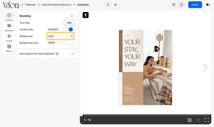 The Background type dropdown in the Branding section, with Transparent, Solid color and Image options