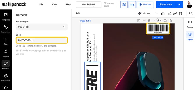 Barcode panel with a code typed in and the live barcode rendered on the page