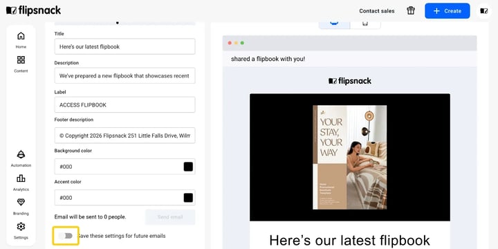 The email customization fields: Title, Description, Label, Footer description, Background color, Accent color, and Save these settings for future emails, next to the live preview.