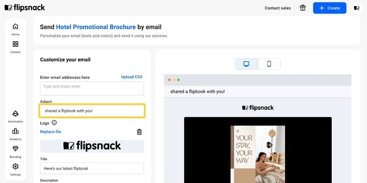 The Send email panel: recipient field with Upload CSV, Subject, and Logo with Replace file, next to a live preview with a Desktop/Mobile toggle.