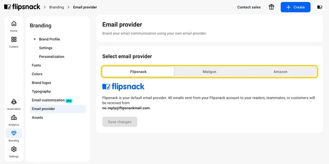 The Email provider page under Branding, with the Flipsnack, Mailgun and Amazon SES choices.