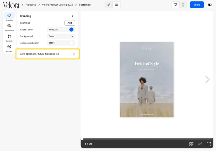The Save options for future flipbooks toggle at the bottom of the Branding panel