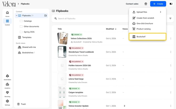 The Create menu open on the Content page, with Bookshelf highlighted at the bottom
