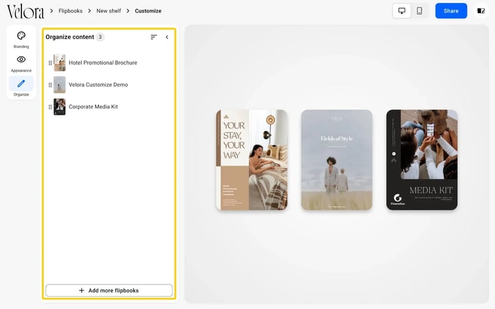 The Organize tab of a bookshelf listing its flipbooks with drag handles and the Add more flipbooks button